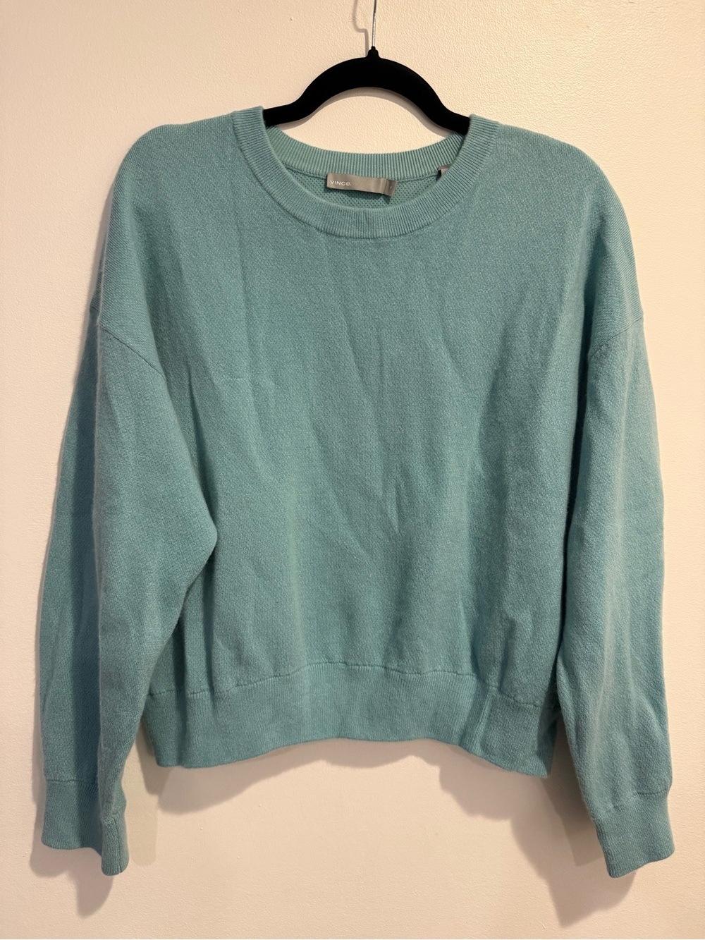 NWT Vince Cashmere Cotton Double Layer Aqua Blue Pullover Crewneck Sweater Sz M